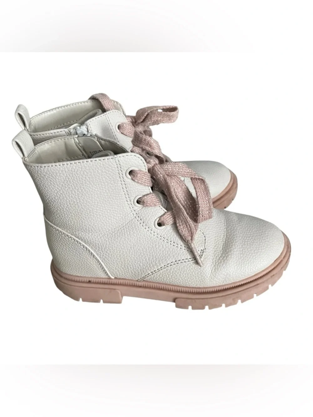 Cat & Jack Cream Leather Ankle Boots with Pink Laces